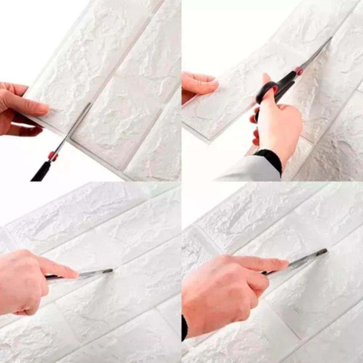 Sequência de imagens mostrando como cortar e aplicar as placas de revestimento 3D estilo tijolinho branco.