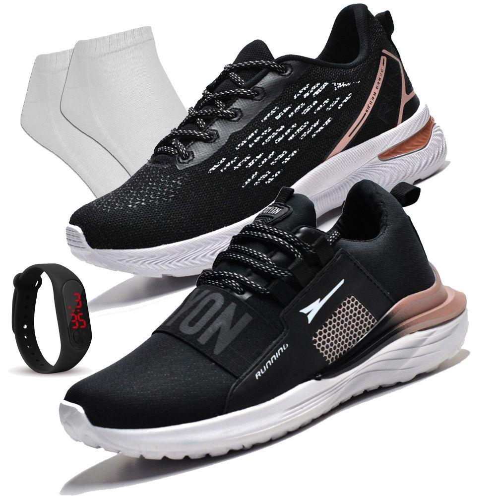 KIT - 2 Tenis Feminino Academia Original Caminhada Barato R-GLOW -  Preto/Nude + Relógio + Meias - RYN - Calçados Femininos - Magazine Luiza