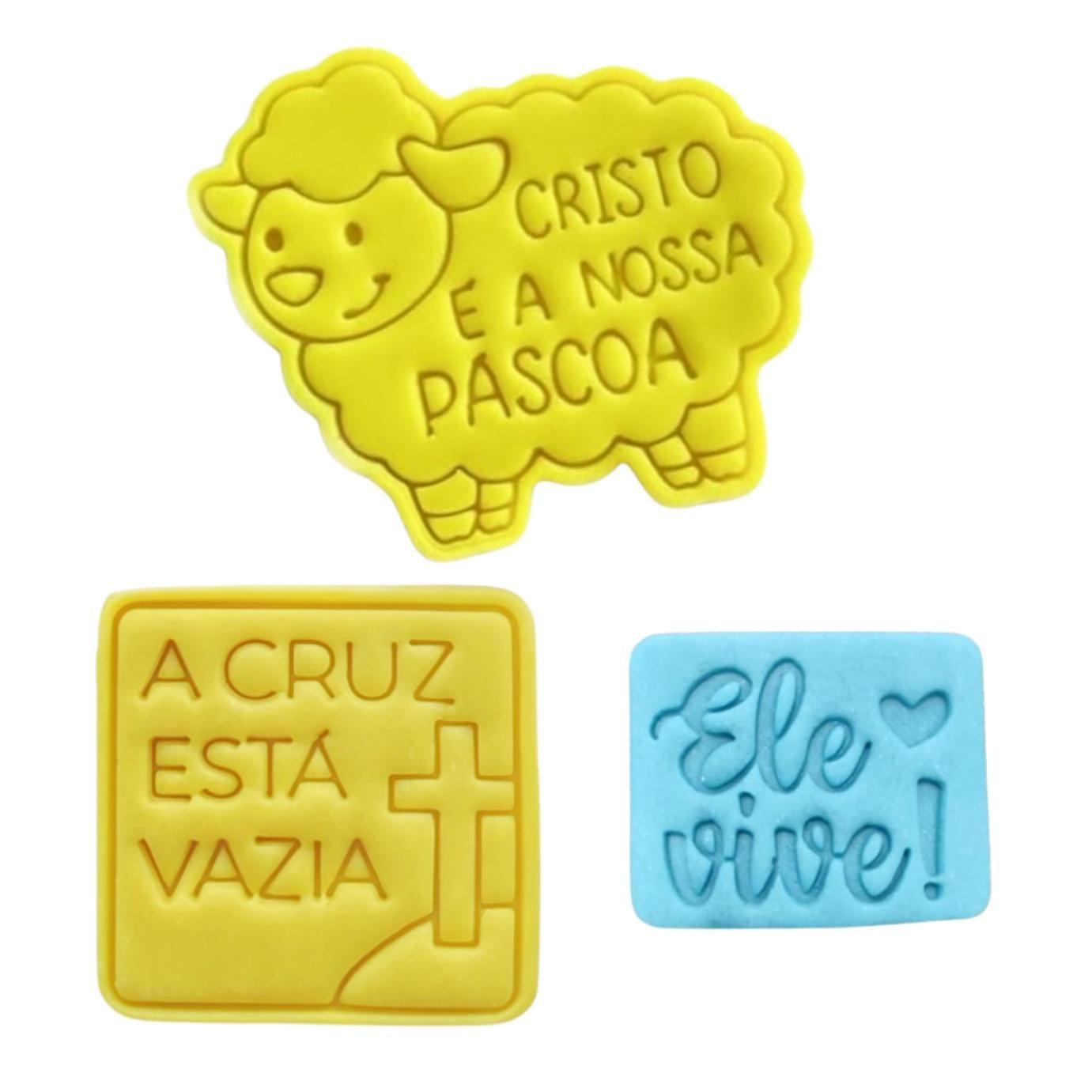 Imagem de Kit 3 Cortador Páscoa Cristã Ovelha Cruz Jesus Coelho