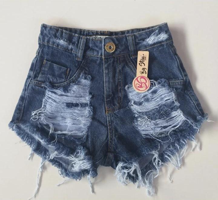 short cintura alta com laço jeans