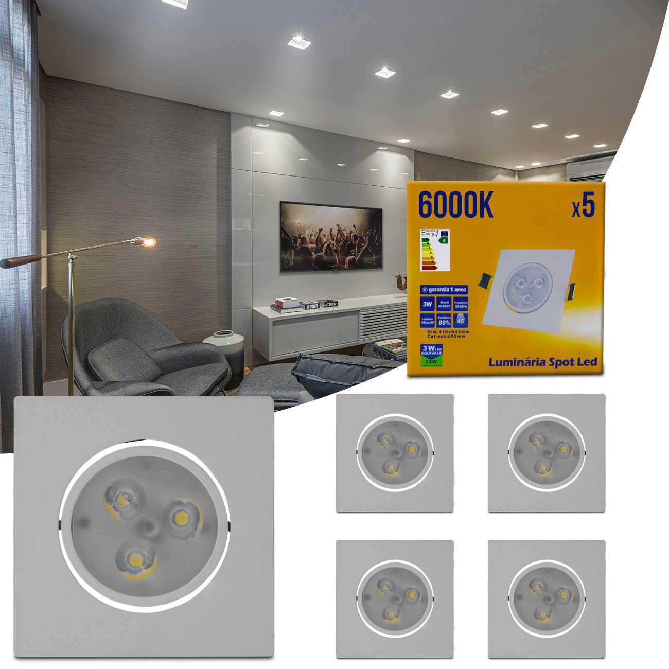 Kit 5 Luminária Spot LED 3W Quadrada Direcionável 6000K Branco Bivolt