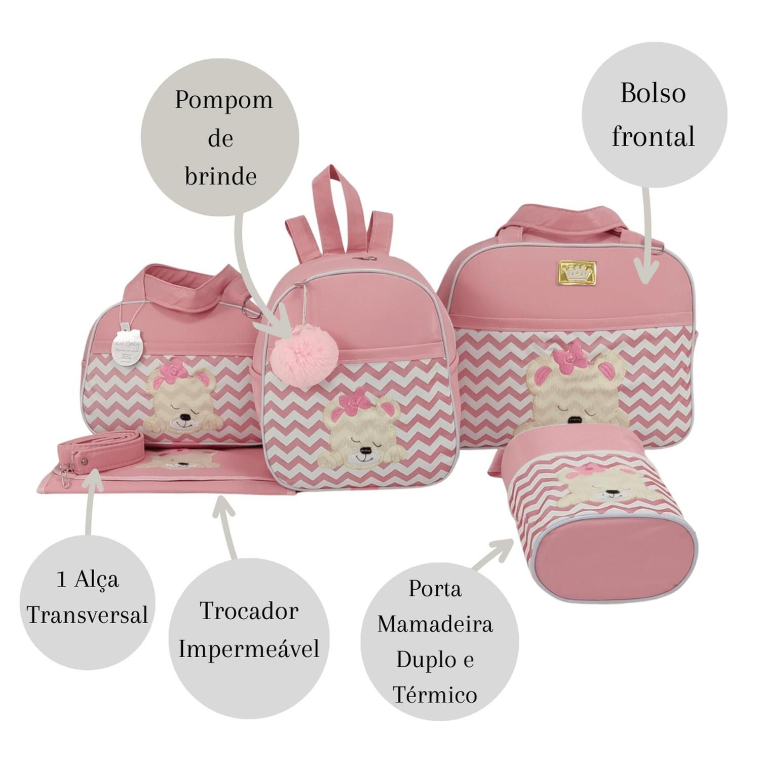 kit 4 peças bolsa bebê saída maternidade com porta mamadeira e trocador menina  cor rose