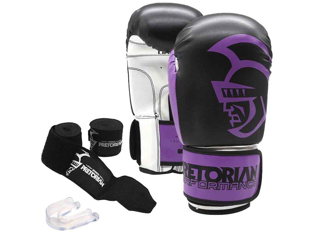 Kit Boxe/Muay Thai Pretorian Performance Preto e Roxo 3 Peças 10oz