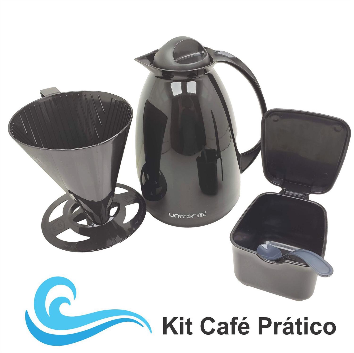 Kit Café Prático Garrafa Térmica 650ml Suporte Filtro Açucareiro 350ml Preto KIT CAFÉ PRÁTICO