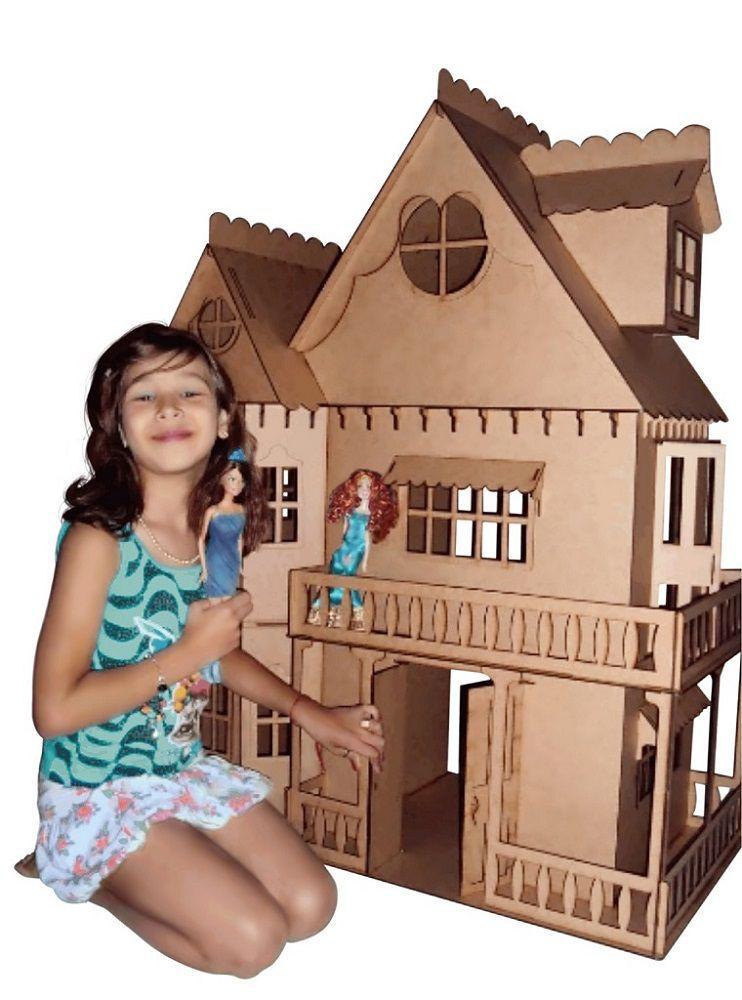 Casinha De Boneca Grande 60cm De Madeira + Kit Mini Moveis 36 pçs