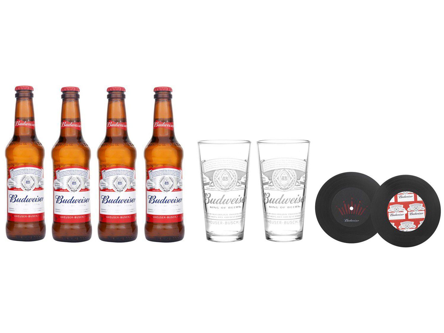 Kit Cerveja Budweiser Bud Box Lager 4 Unidades 330ml com Copo e Porta