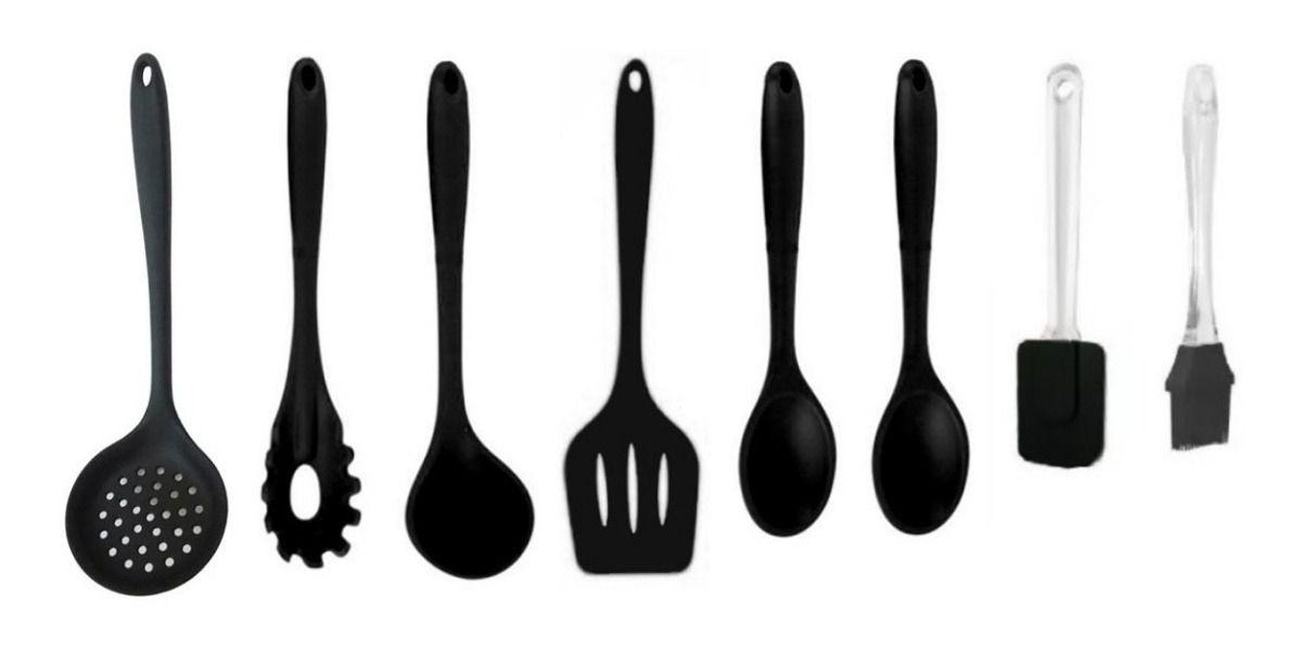 Kit Colheres De Silicone Preto Cabo Maciço 8pçs Utensílios Cozinha - ck ...