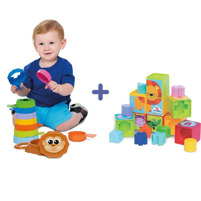 Kit Com 2 Brinquedos Educativos Para Bebes De 1 Ano Cubinhos 5 Em 1 Empilha Macaco Mercotoys Coordenacao Motora Magazine Luiza