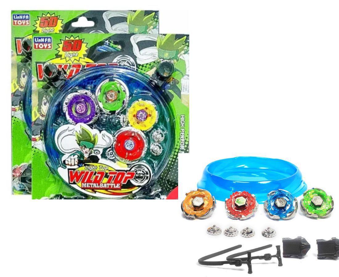 Batalha com 4 beyblade Metal a Led + 2 lançadores + Arena