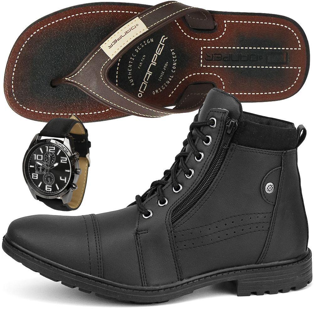 Kit de Bota Casual Masculina Cano Médio com Zíper mais Relógio e Chinelo - Sapatofran - Coturno Masculino - Magazine Luiza