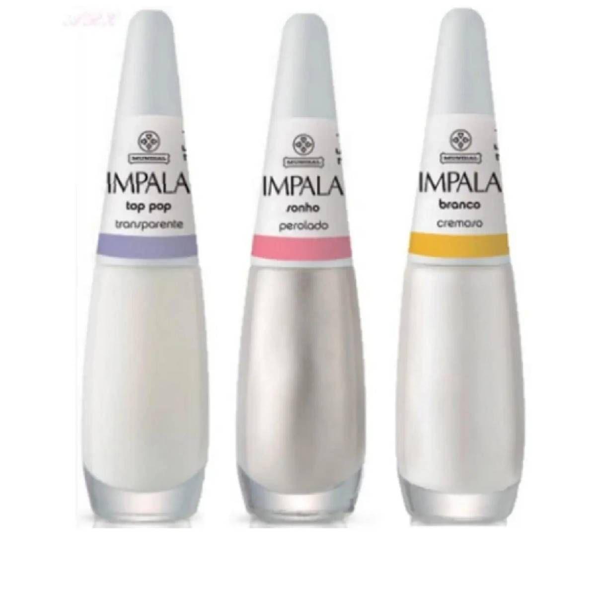 Kit Francesinha Impala 3 Esmalte Sonho Perolado, Branco Cremoso e Top Pop Transparente 7,5 ml