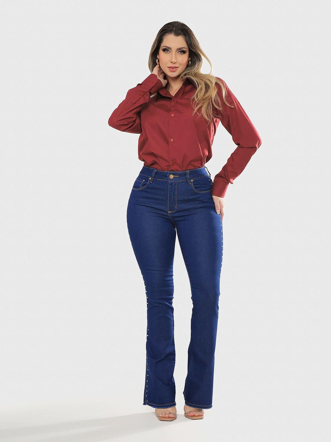 Calça Jeans E Camisa Social Feminina Jeans Flare Blusa Social Com