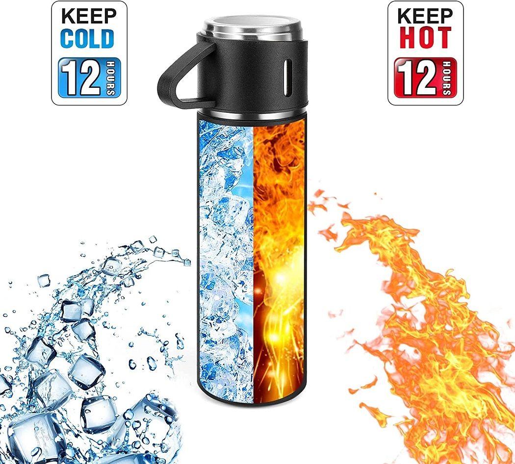 Imagem de Kit Garrafa Térmica Frasco a Vácuo Inox 500ml + 3 Xícaras Presente Dia Dos Pais