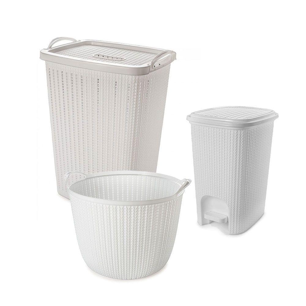 Kit Lavanderia Cesto de Roupa Branco Lixeira Cesta Plástico - Plasutil