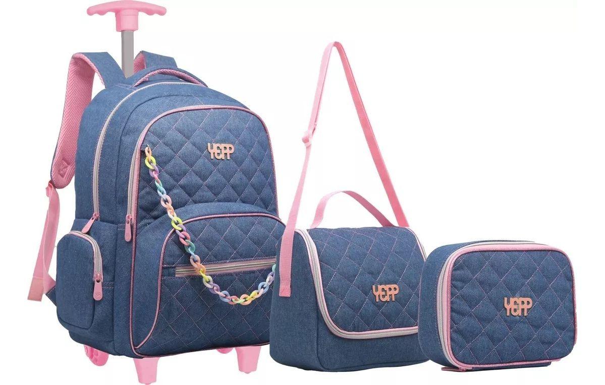 Kit Mochila Feminina Mochila Escolar Jeans Glitter Bolsas