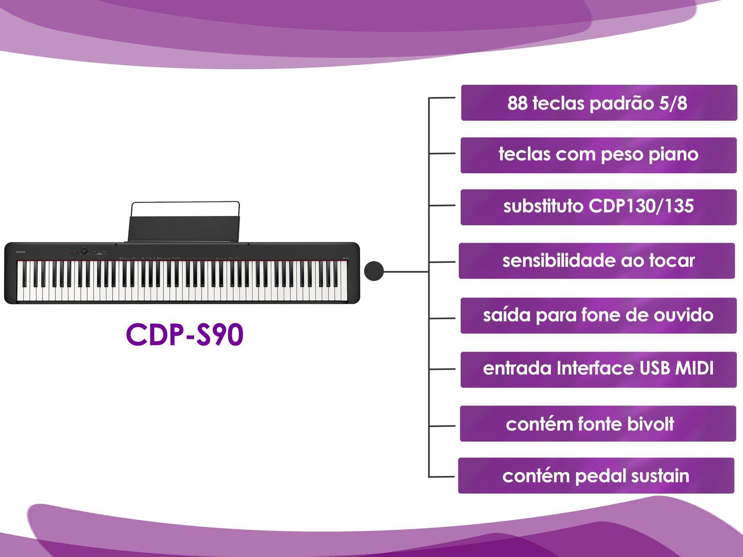 Kit Piano Digital Casio CDP S90 88 Teclas USB B Com Capa Estante e