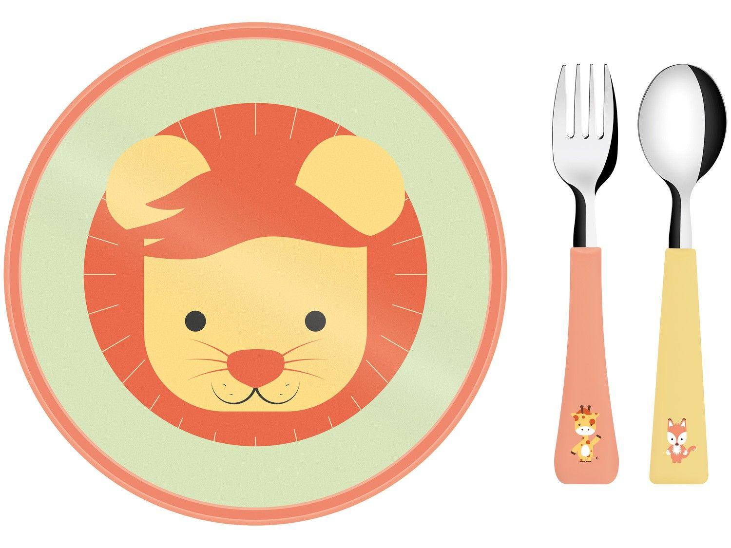 Kit Prato Infantil 3 Peças Tramontina Leão Baby Friends com Garfo com Colher