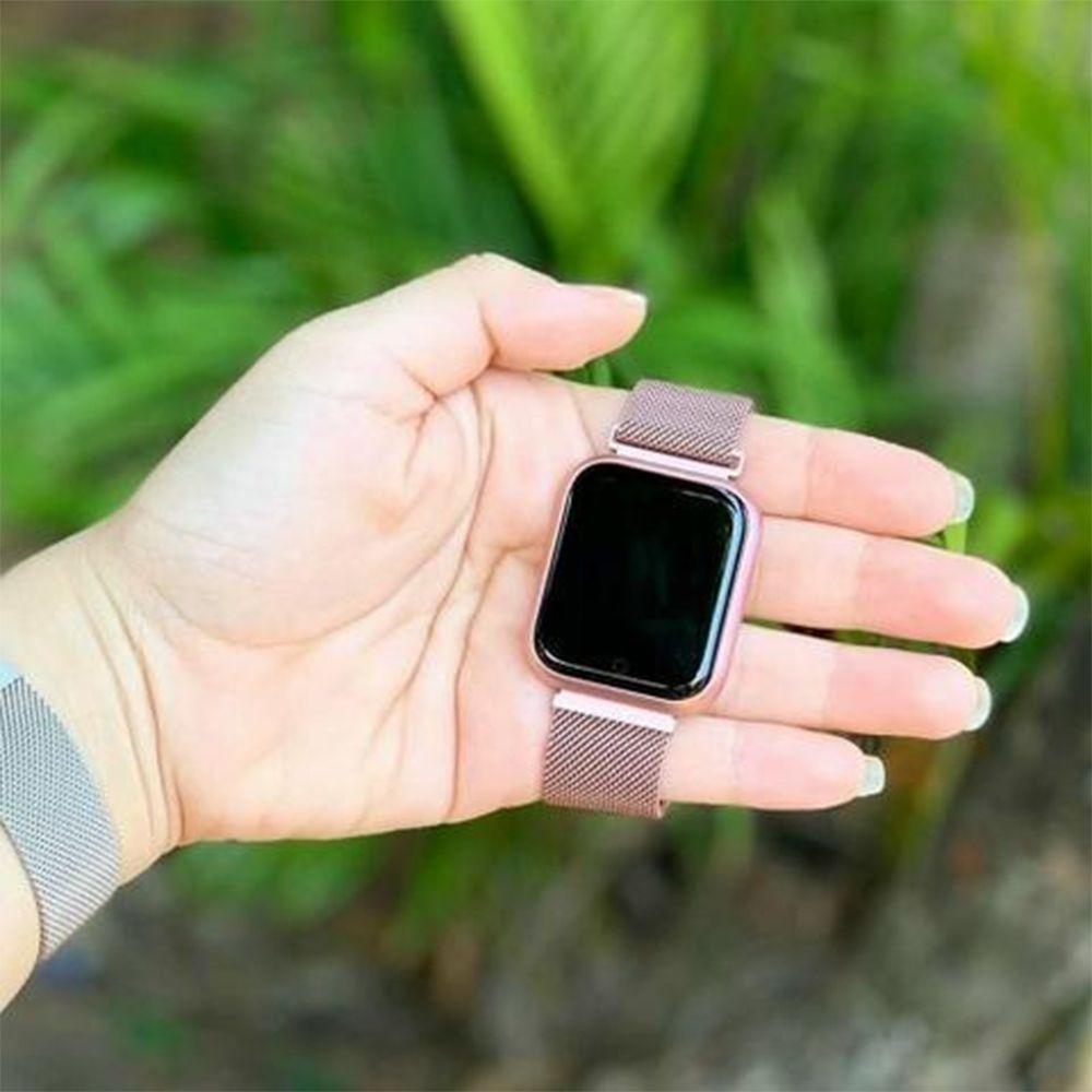 smartwatch rose com pulseira preta
