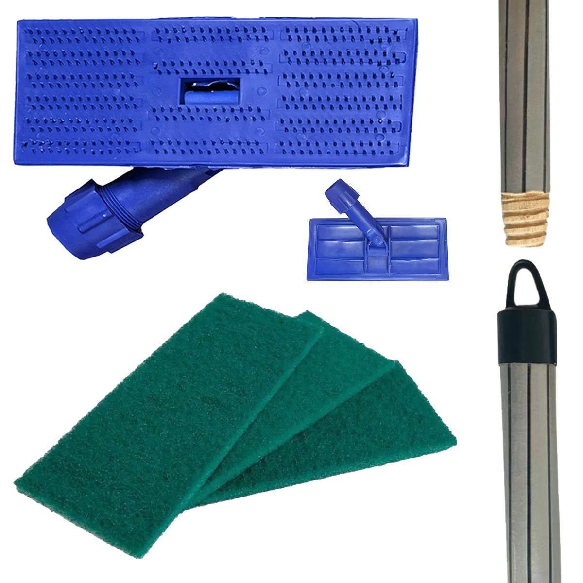Imagem de Kit SUPORTE LT Limpa Tudo + 3 FIBRAS + CABO DE MADEIRA 60 Cm Mop Articulado 360 Graus