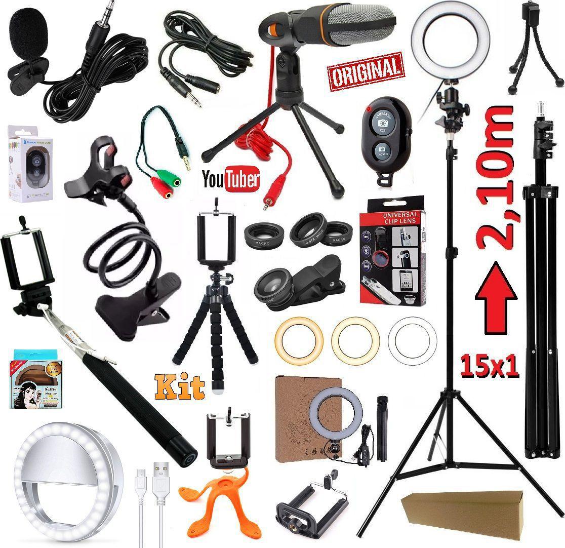 Kit Youtuber 15x1 Profissional Completo Tripé 2,10m Câmera Celular