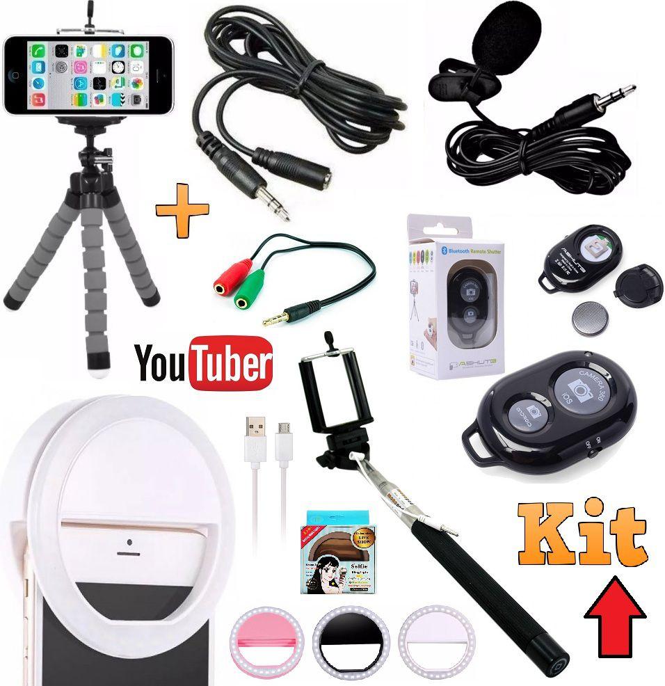 Kit Youtuber Tripé Câmera Celular Iphone Android + Microfone Lapela