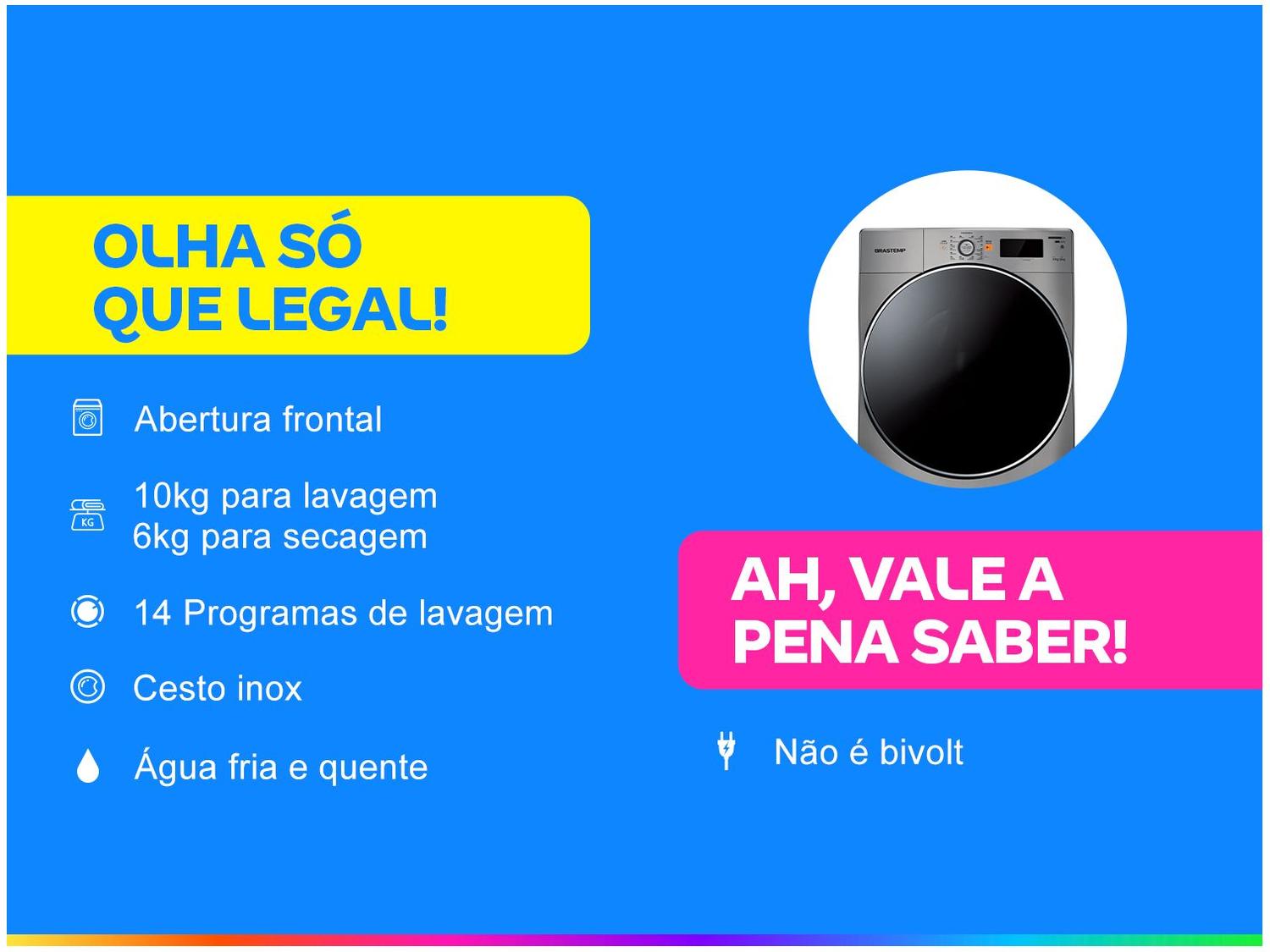 Lava e Seca Brastemp 10kg BNQ10AS Inverter - 14 Programas de Lavagem Prata