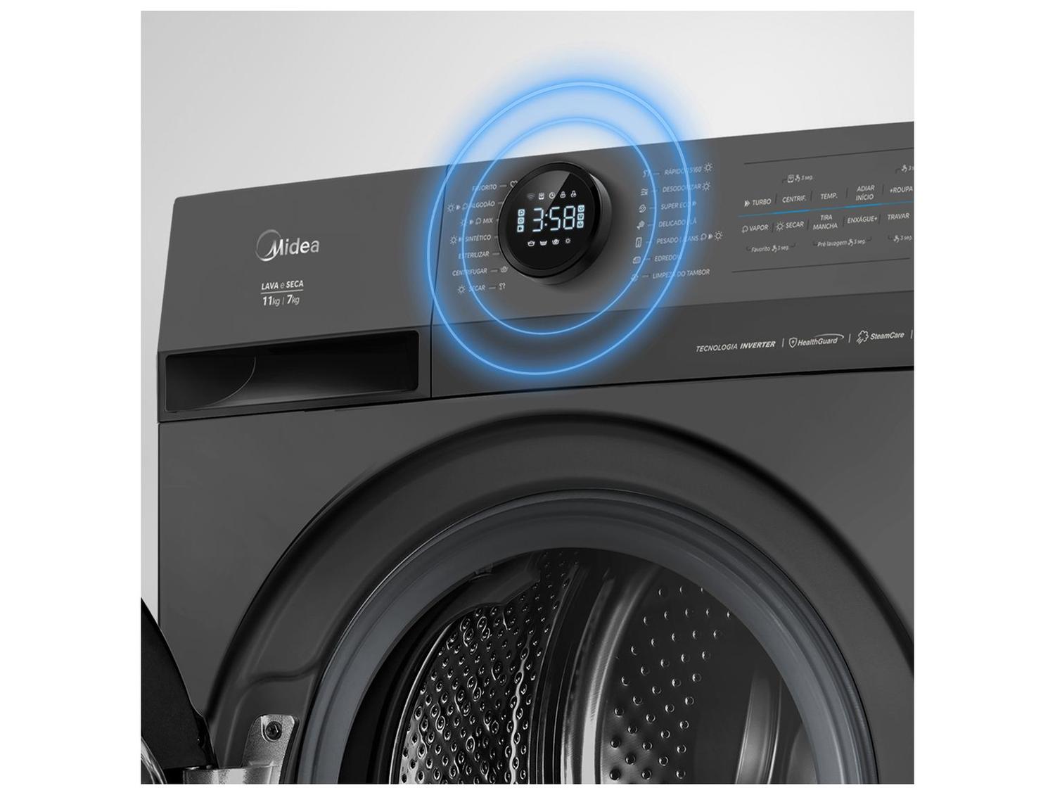 Lava e Seca Midea Slim 11kg HealthGuard Smart Inverter Água Fria e Quente Titanium MF201D110WBGK02