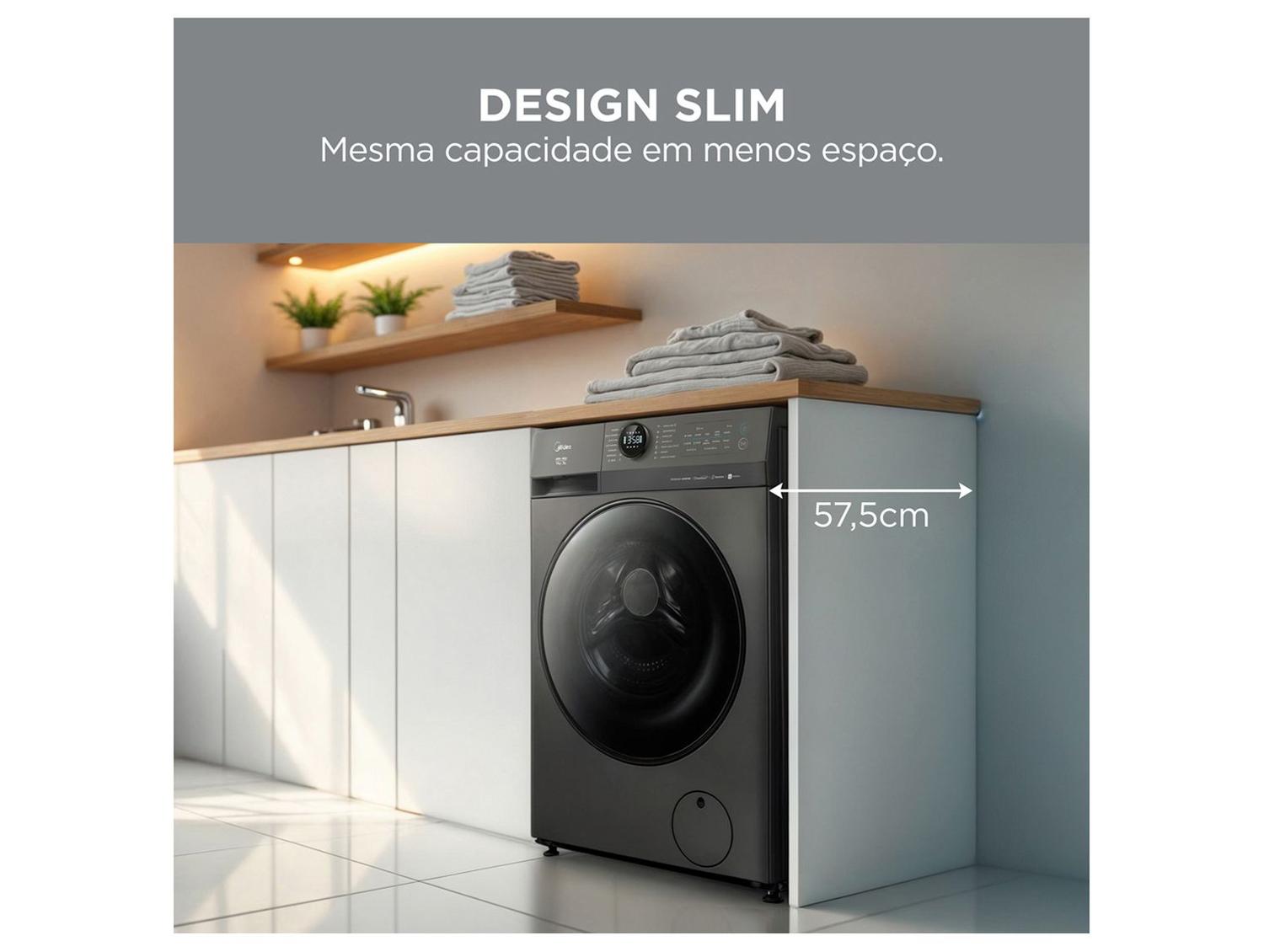 Lava e Seca Midea Slim 11kg HealthGuard Smart Inverter Água Fria e Quente Titanium MF201D110WBGK02