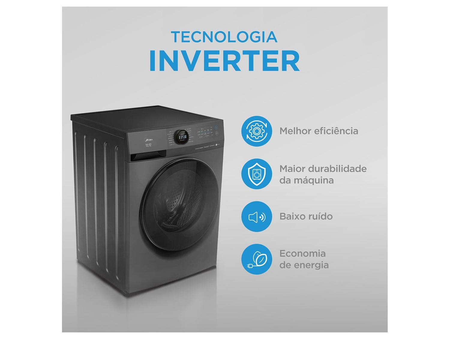 Lava e Seca Midea Slim 11kg HealthGuard Smart Inverter Água Fria e Quente Titanium MF201D110WBGK02