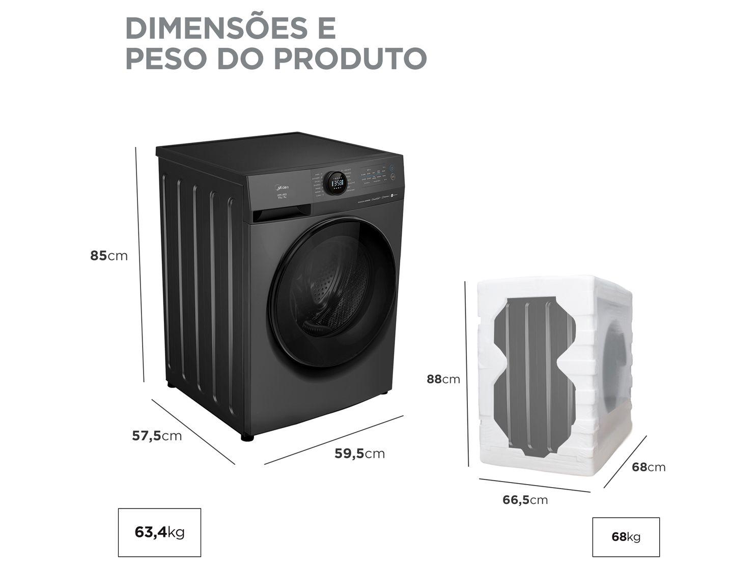 Lava e Seca Midea Slim 11kg HealthGuard Smart Inverter Água Fria e Quente Titanium MF201D110WBGK02