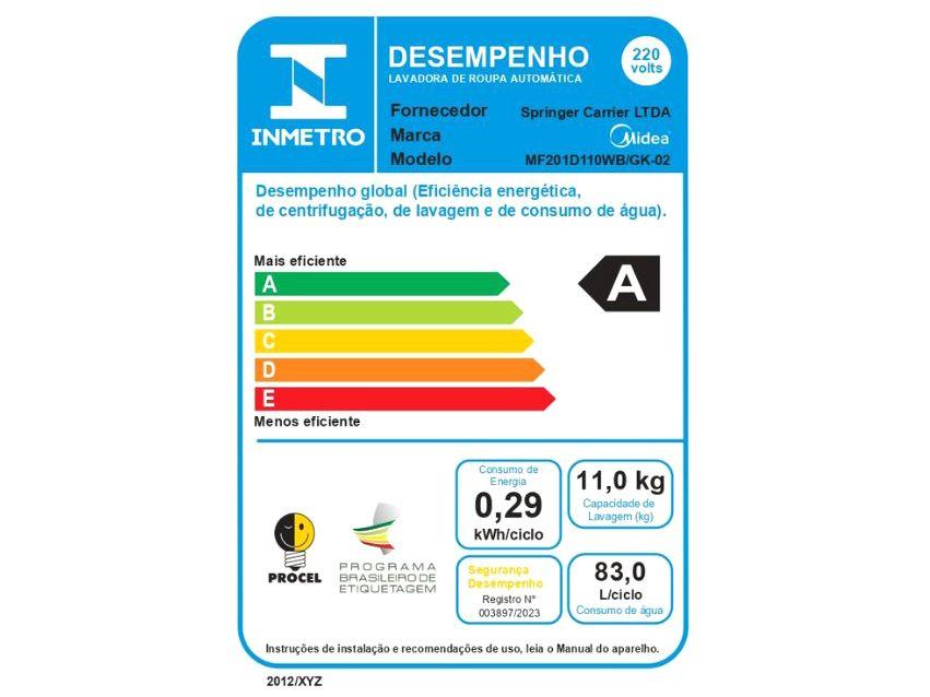 Lava e Seca Midea Slim 11kg HealthGuard Smart Inverter Água Fria e Quente Titanium MF201D110WBGK02