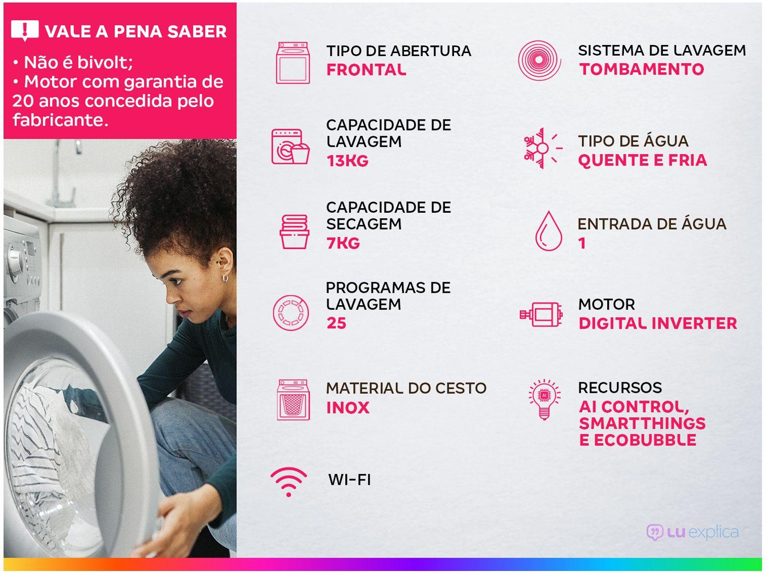 Lava e Seca Smart Samsung WD13T 13kg Digital Inverter 3 em 1 Água Quente e Fria