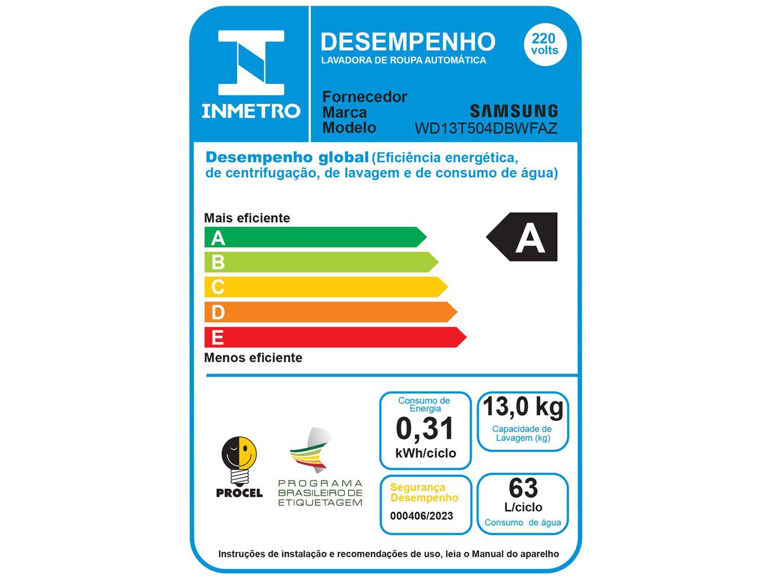 Lava e Seca Smart Samsung WD13T 13kg Digital Inverter 3 em 1 Água Quente e Fria