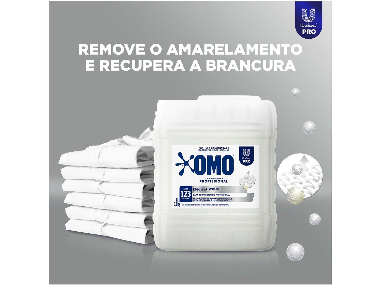 Galão de OMO Lavanderia Profissional Perfect White em destaque, com fundo que mostra roupas brancas empilhadas e a frase 'REMOVE O AMARELAMENTO E RECUPERA A BRANCURA'.