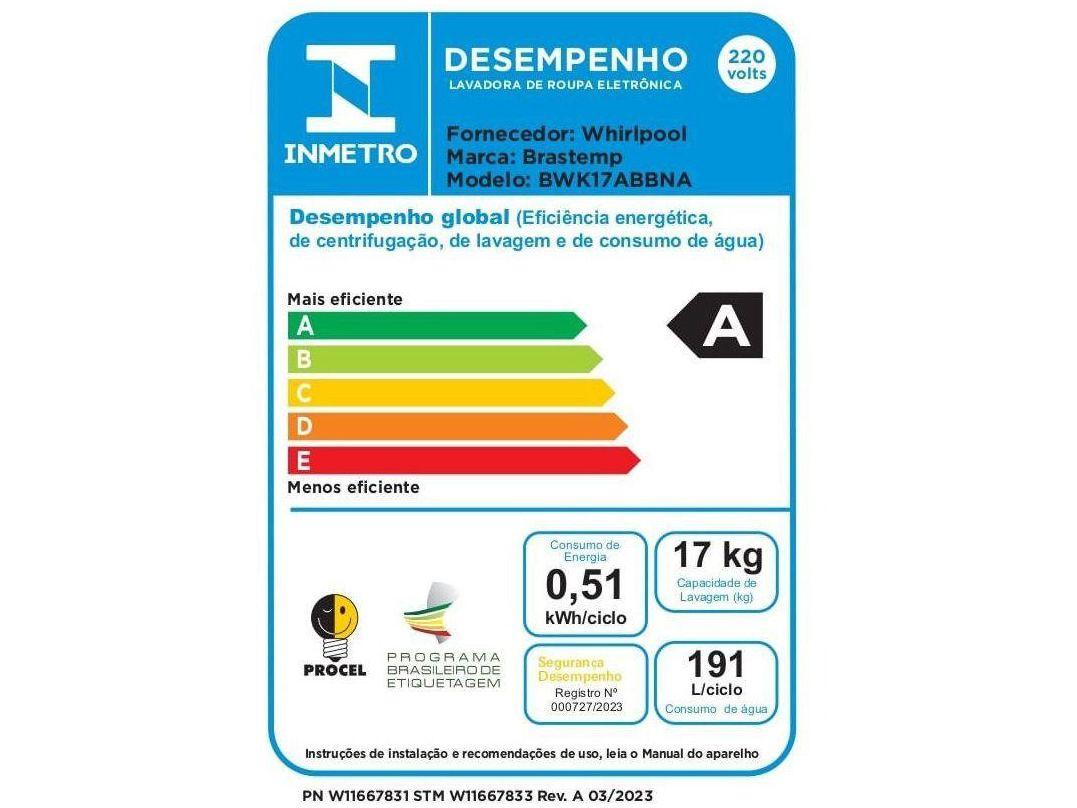 Lavadora de Roupas Brastemp 17kg Cesto Inox 12 Programas de Lavagem Branca BWK17