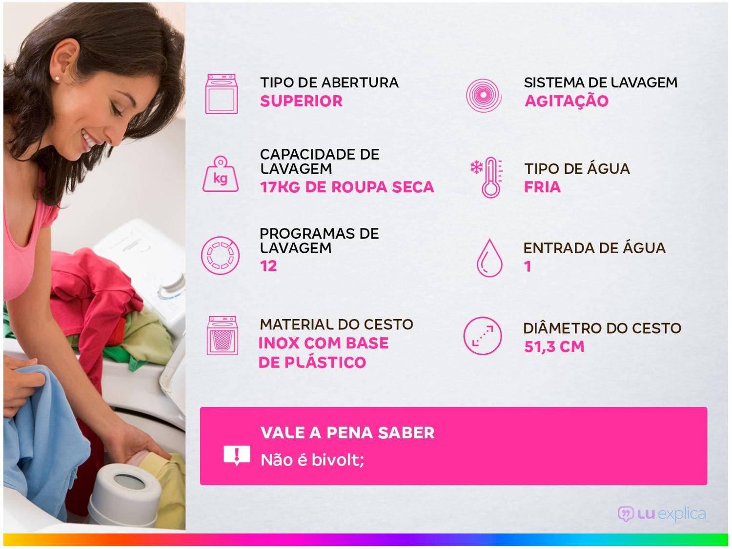 Lavadora de Roupas Brastemp 17kg Cesto Inox 12 Programas de Lavagem Branca BWK17
