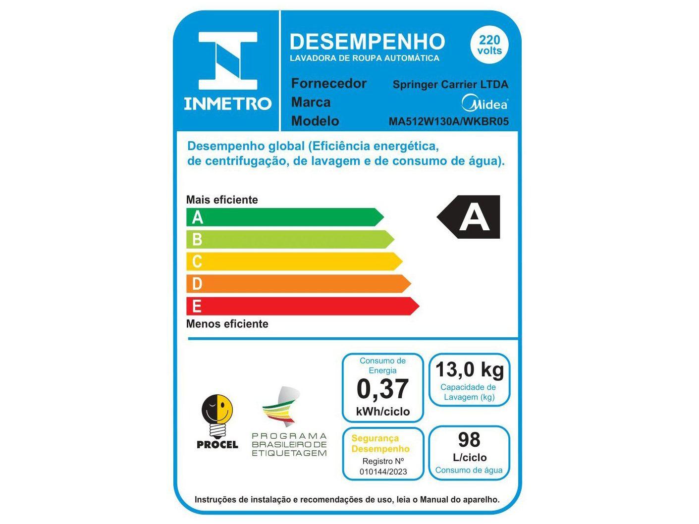 Lavadora de Roupas Midea 13kg Cesto Inox 13 Programas de Lavagem Branca Wave Agitator