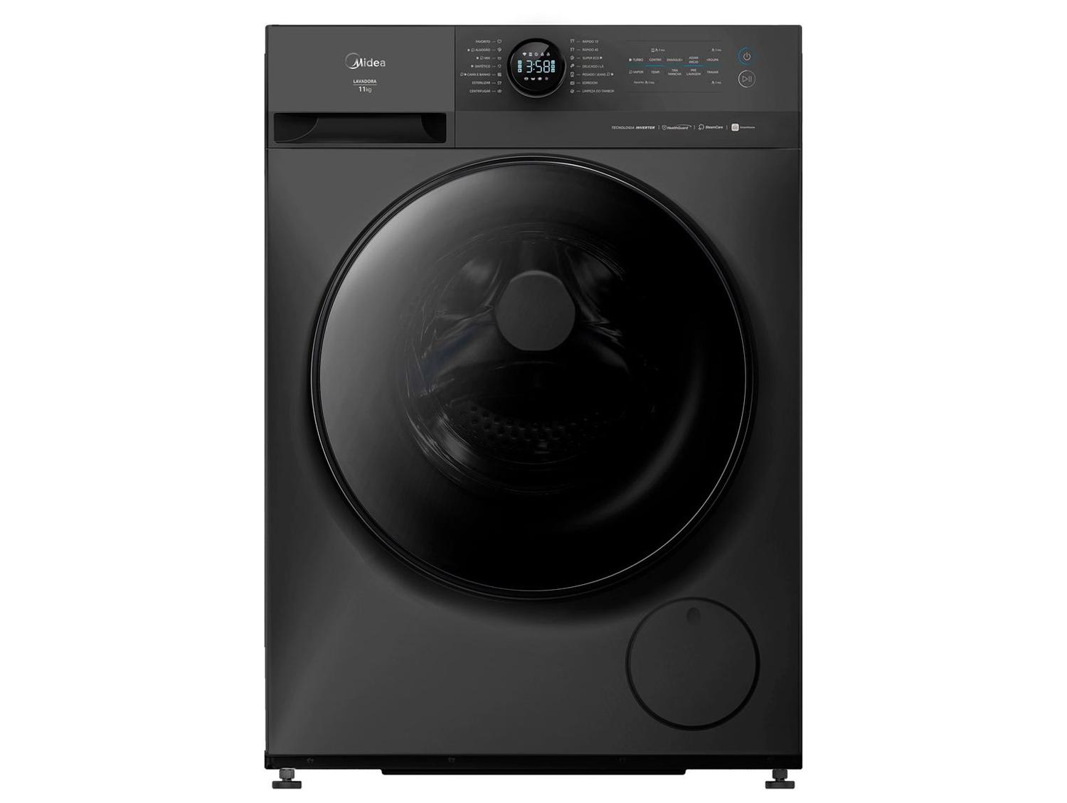 Lavadora de Roupas Midea Slim 11kg HealthGuard Smart Inverter Água Fria e Quente Titanium MF201D110WB/WK-01