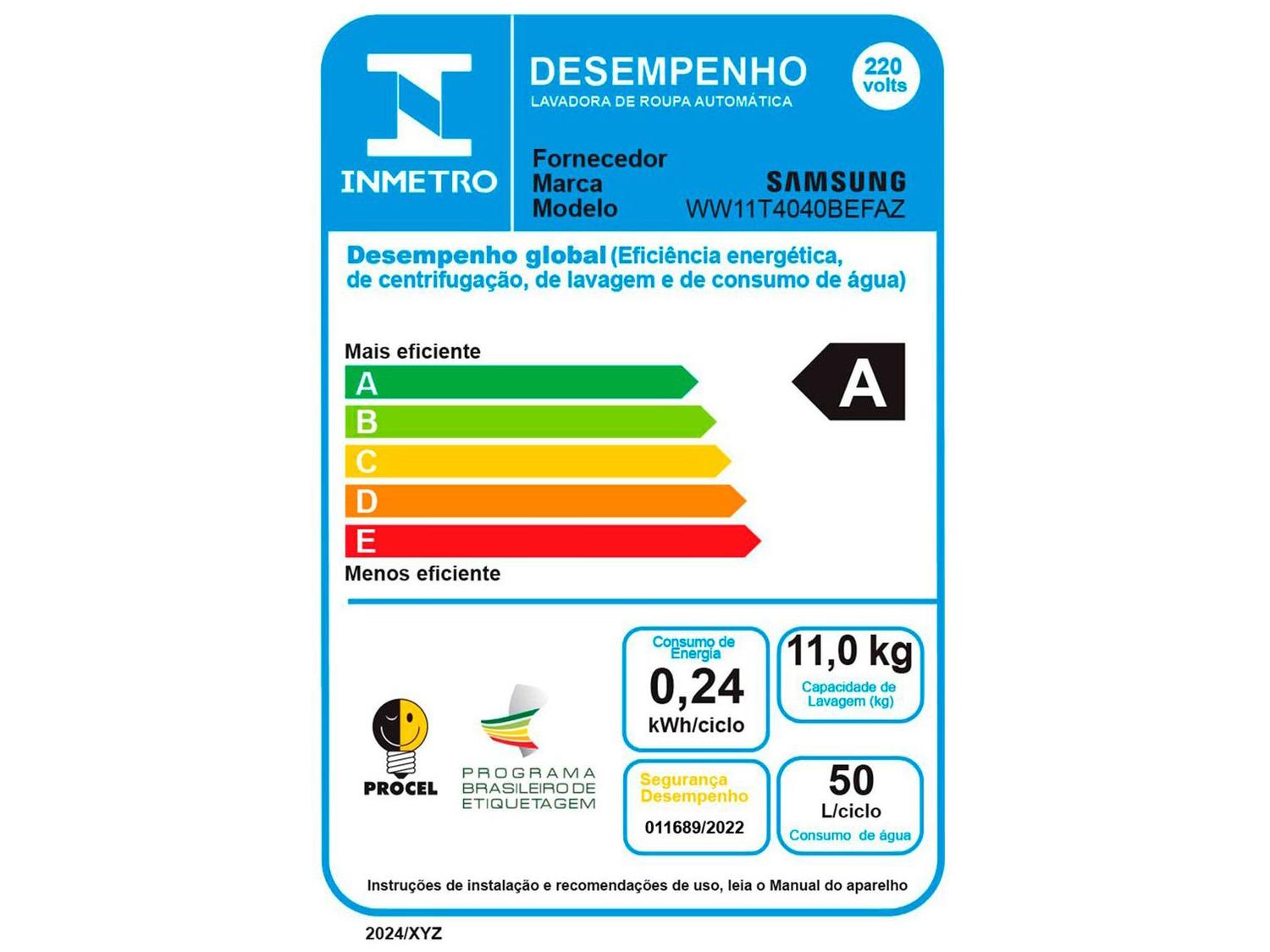 Lavadora de Roupas Samsung Inverter 11kg Cesto Inox 12 Programas de Lavagem Branca WW11T4040BE/AZ