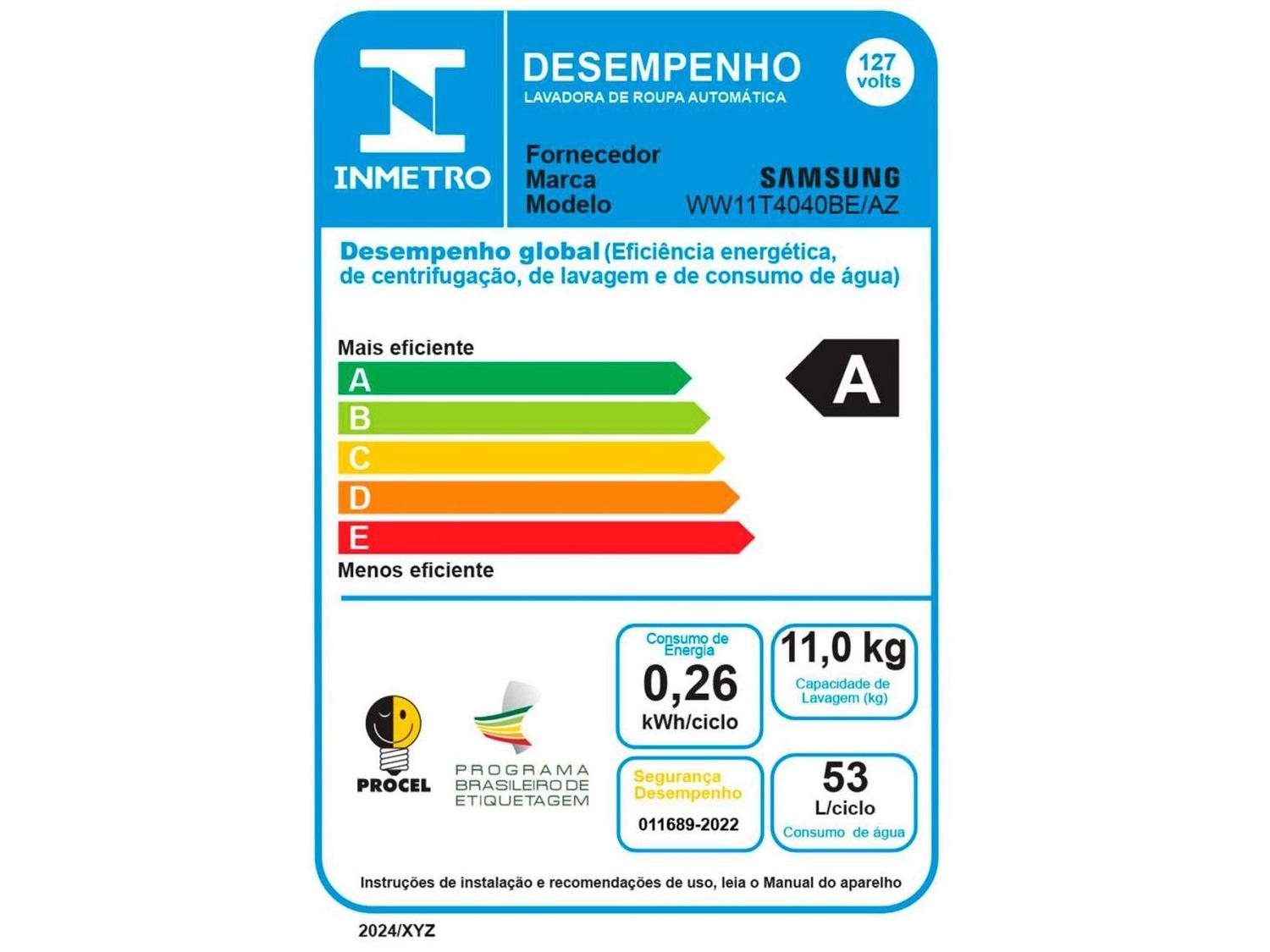 Lavadora de Roupas Samsung Inverter 11kg Inox 12 Programas de Lavagem Branca WW11T4040BE/AZ