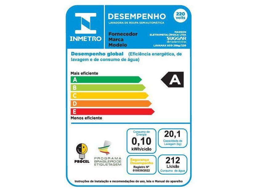 Lavadora de Roupas Suggar 20kg 6 Programas de Lavagem Prata Lavamax Eco LE2001PR