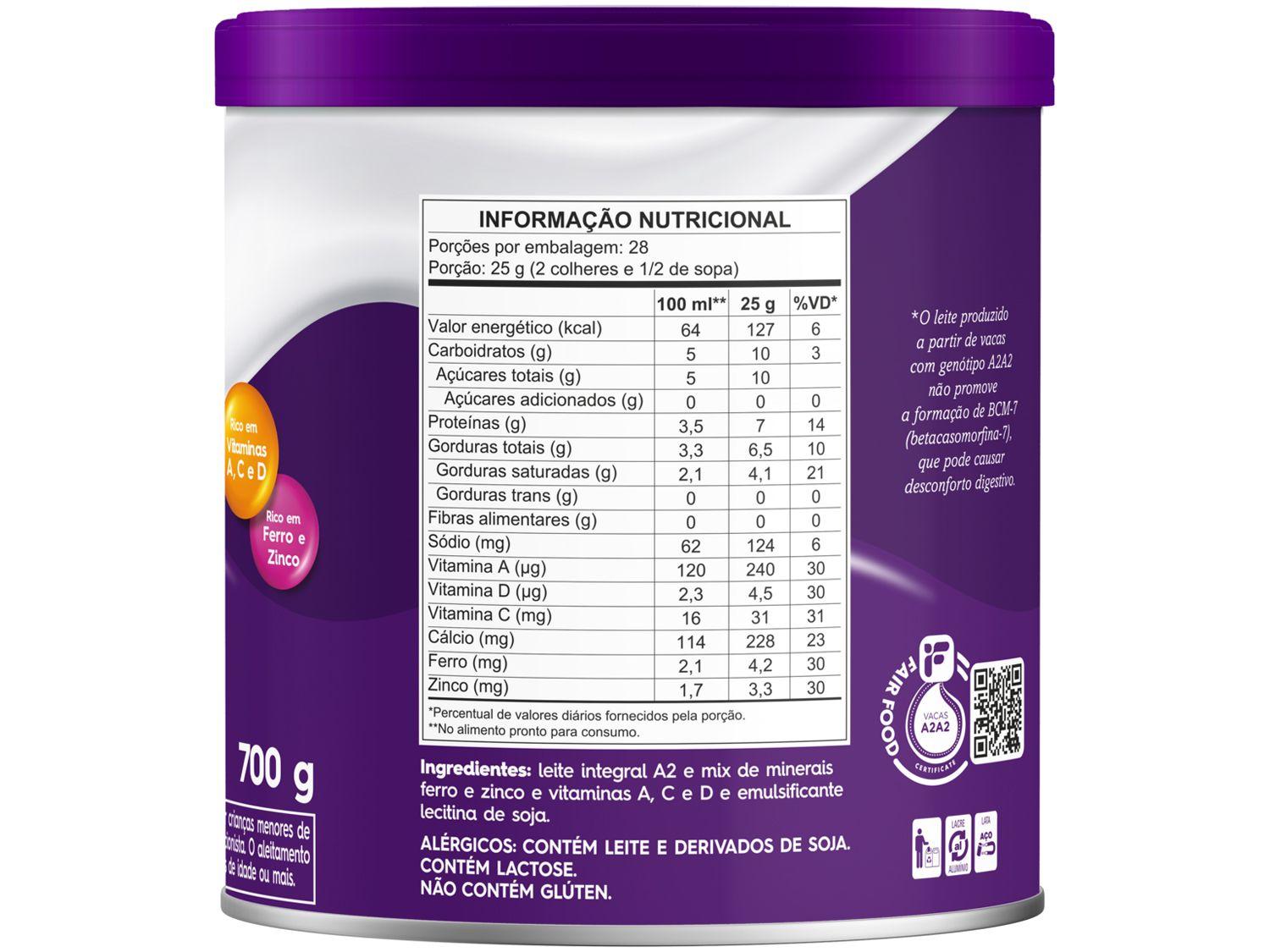 Leite de Vaca em Pó Integral Piracanjuba A2 Lata 700g