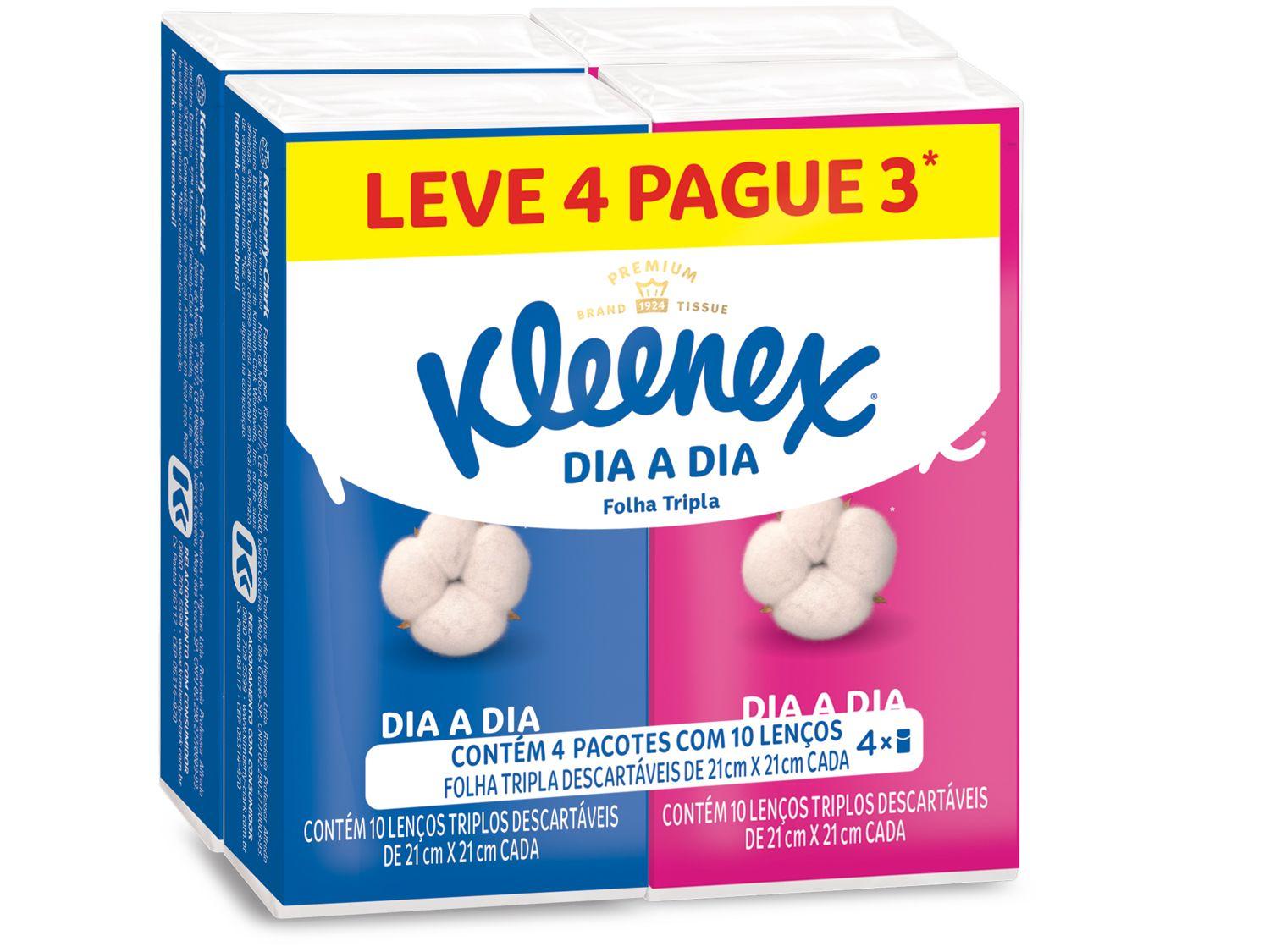 Lenço de Papel de Bolso Folha Tripla Kleenex Dia a Dia 4 Unidades com 10 Folhas Cada