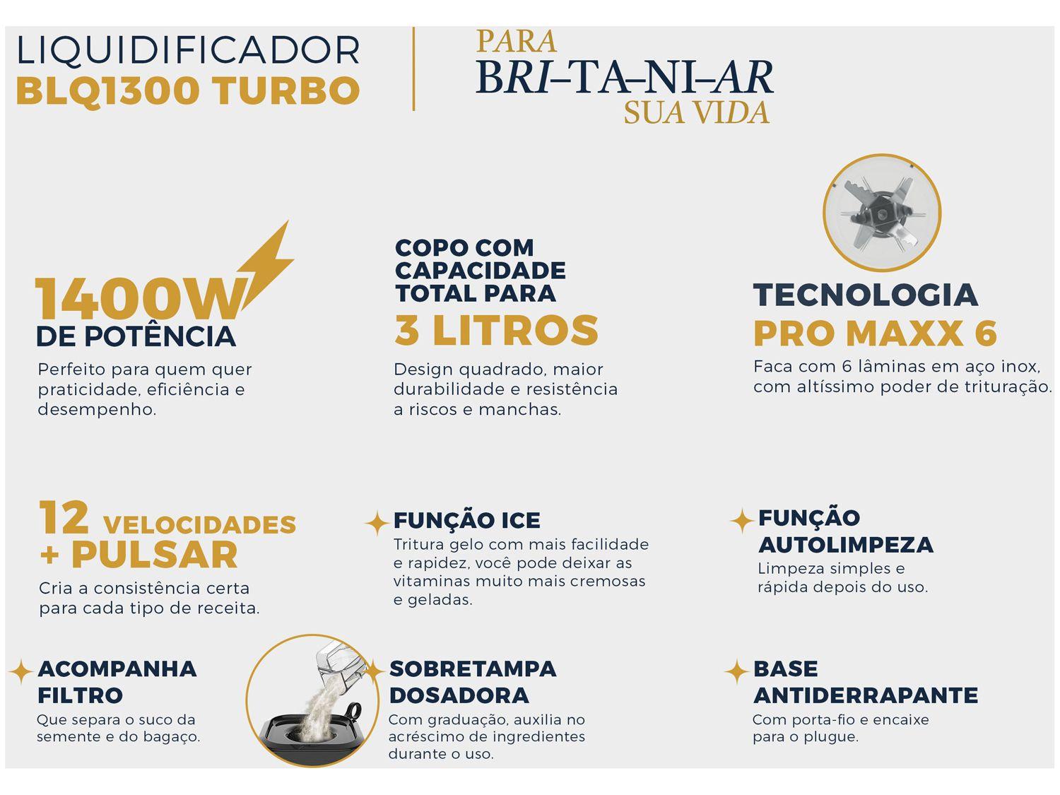 Liquidificador Britânia Fortis Turbo BLQ1300P Preto com Filtro 12 Velocidades + Pulsar 1400W