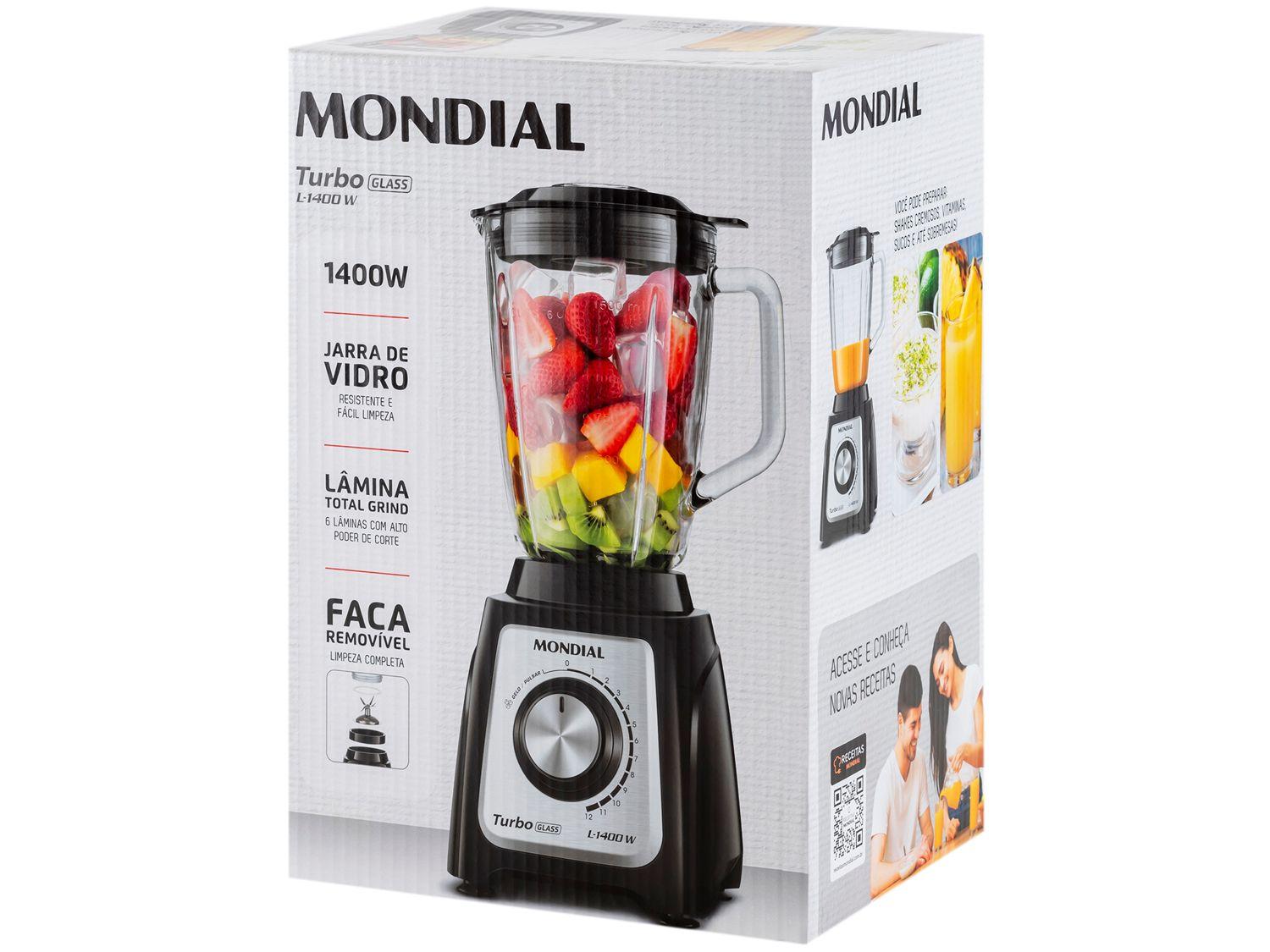 Liquidificador Mondial Turbo Glass L-1400 GI Copo de Vidro 12 Velocidades 1400W  Preto/Inox
