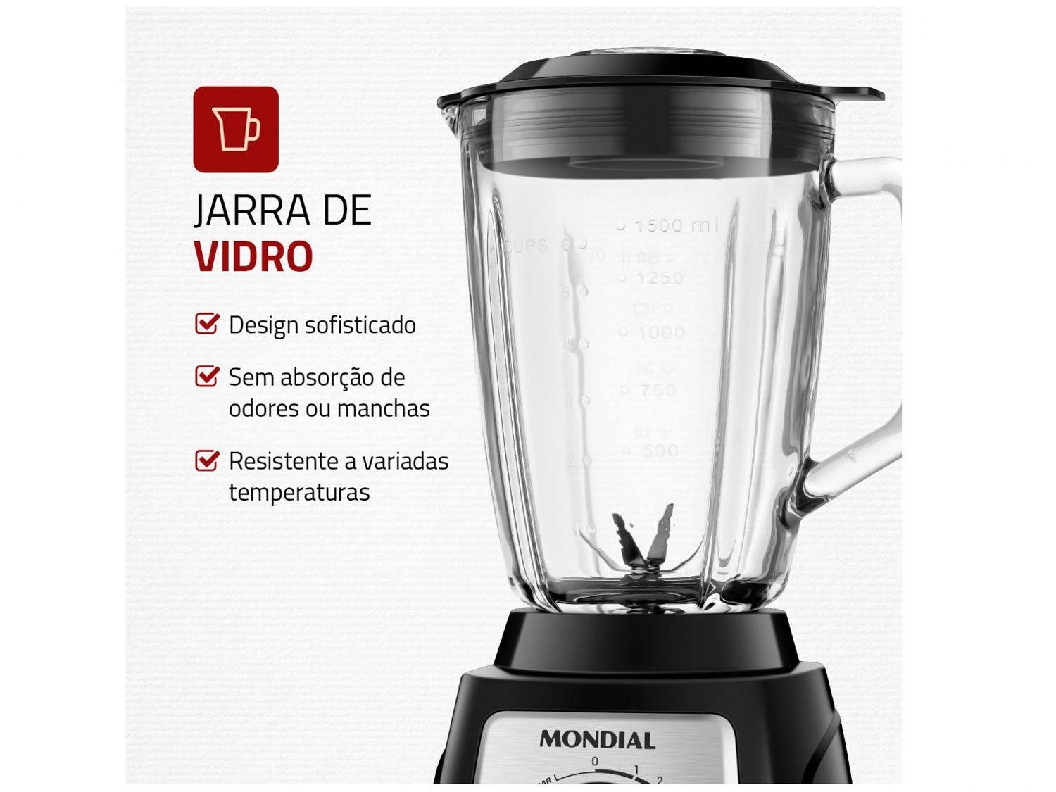 Liquidificador Mondial Turbo Glass L-1400 GI Copo de Vidro 12 Velocidades 1400W  Preto/Inox