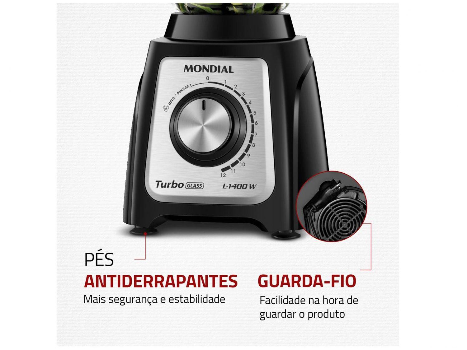 Liquidificador Mondial Turbo Glass L-1400 GI Copo de Vidro 12 Velocidades 1400W  Preto/Inox