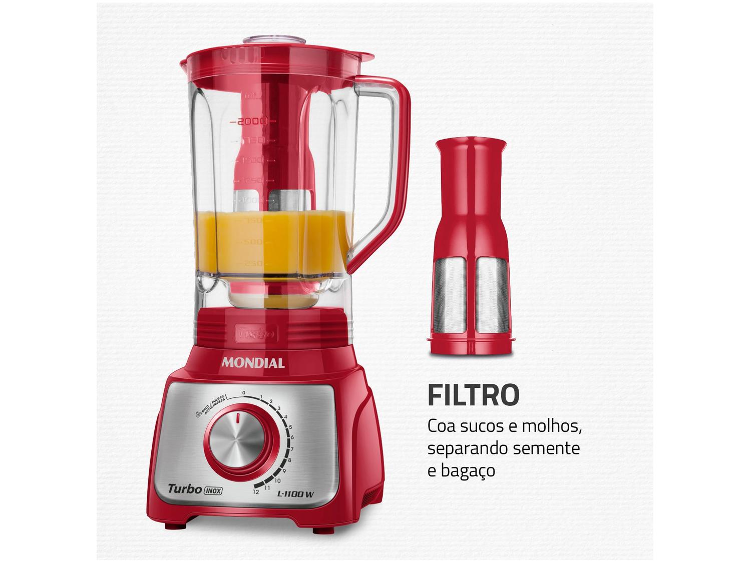 Liquidificador Mondial Turbo Inox L-1100 RI Vermelho com Filtro 12 Velocidades 1100W