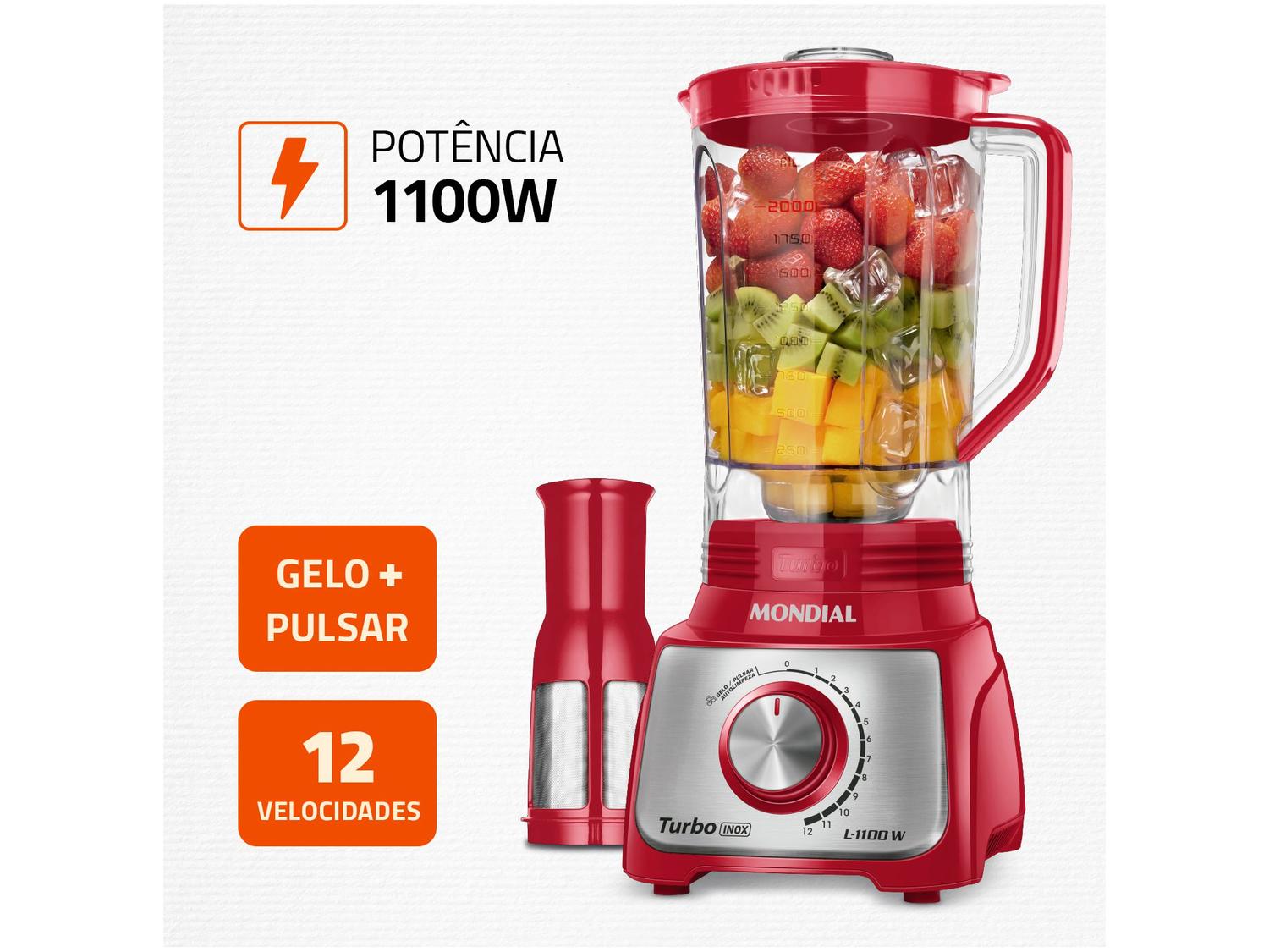 Liquidificador Mondial Turbo Inox L-1100 RI Vermelho com Filtro 12 Velocidades 1100W
