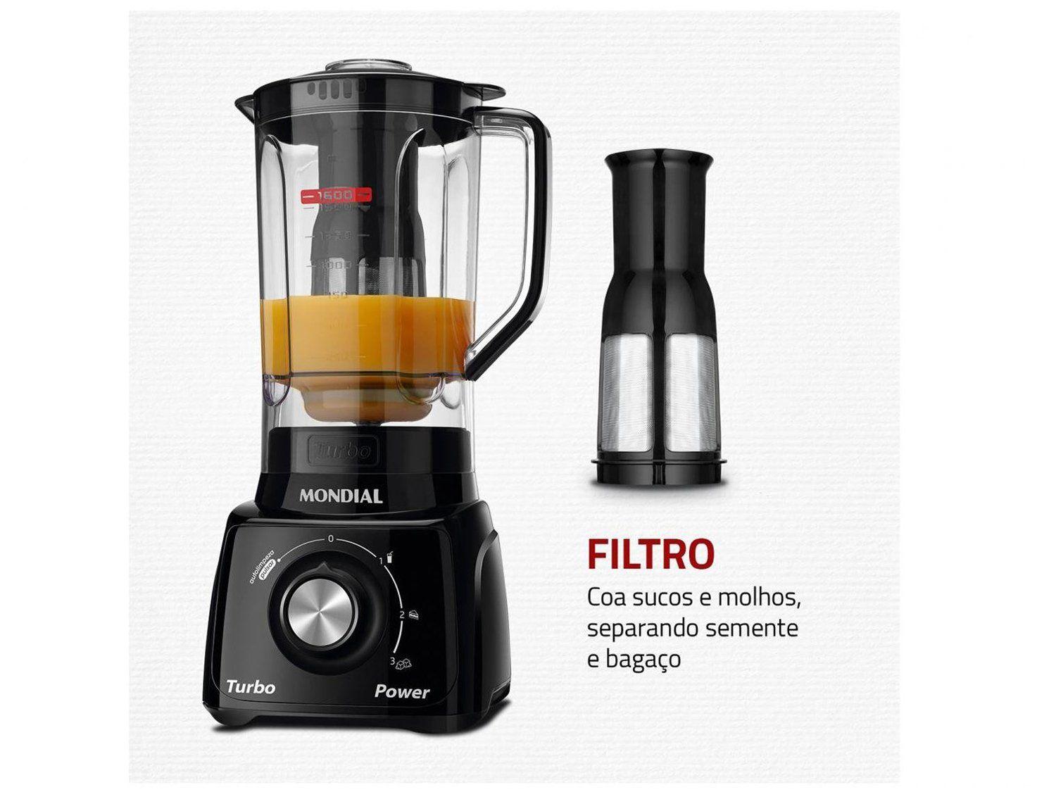 Liquidificador Mondial Turbo Power L-99 FB Preto com Filtro 3 Velocidades 550W